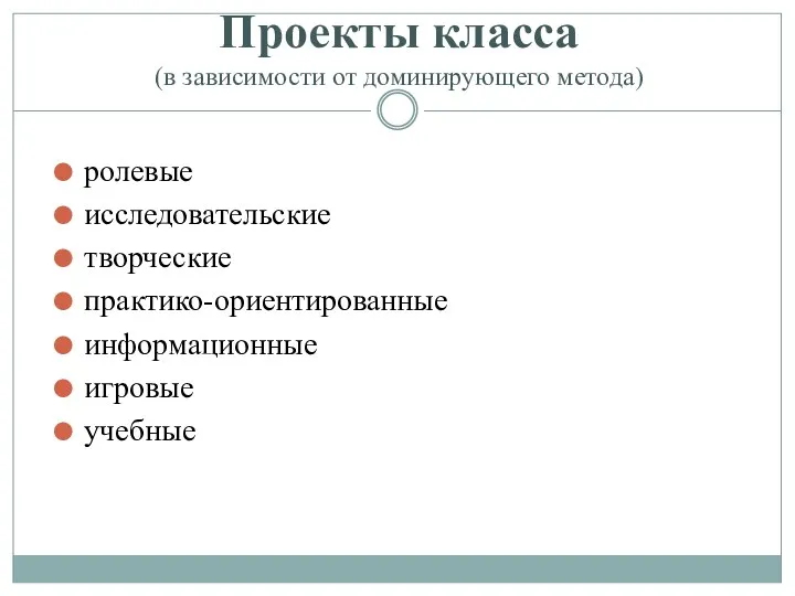 Проекты класса (в зависимости от доминирующего метода) ролевые исследовательские творческие практико-ориентированные информационные игровые учебные