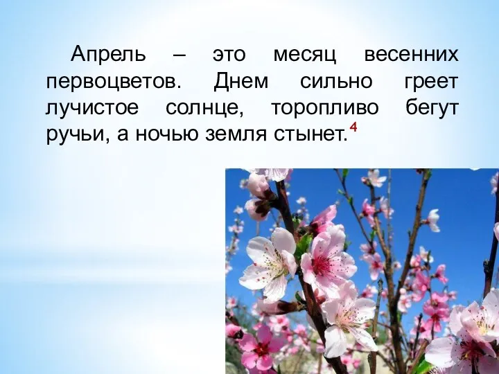 Апрель – это месяц весенних первоцветов. Днем сильно греет лучистое солнце, торопливо бегут