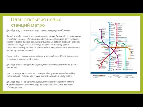 План открытия новых станций метро Декабрь 2017 г. – ввод в эксплуатацию электродепо
