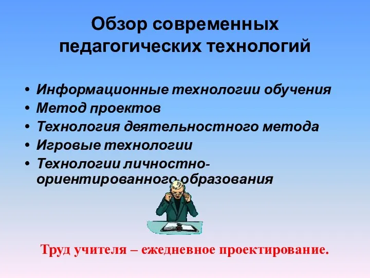 Обзор современных педагогических технологий Информационные технологии обучения Метод проектов Технология