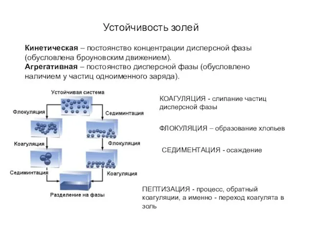 Кинетическая – постоянство концентрации дисперсной фазы (обусловлена броуновским движением). Агрегативная