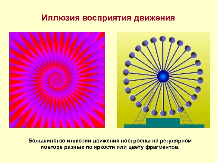 Иллюзия восприятия движения Большинство иллюзий движения построены на регулярном повторе разных по яркости или цвету фрагментов.