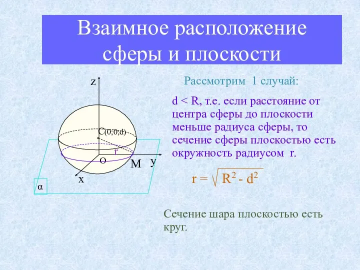 Взаимное расположение сферы и плоскости r М Рассмотрим 1 случай: d r =