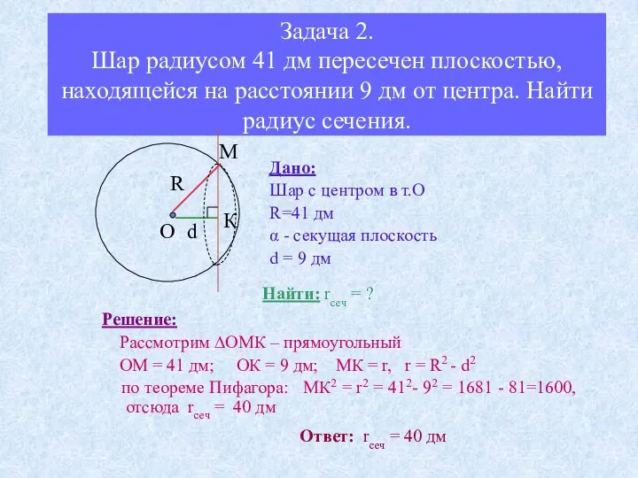 Задача 2. Шар радиусом 41 дм пересечен плоскостью, находящейся на расстоянии 9 дм