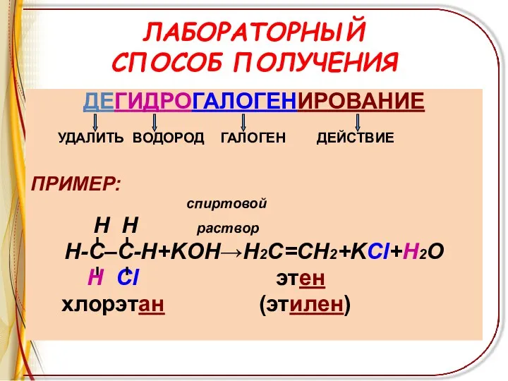 ЛАБОРАТОРНЫЙ СПОСОБ ПОЛУЧЕНИЯ ДЕГИДРОГАЛОГЕНИРОВАНИЕ УДАЛИТЬ ВОДОРОД ГАЛОГЕН ДЕЙСТВИЕ ПРИМЕР: спиртовой H H раствор