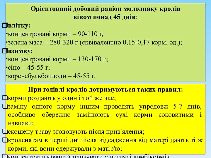 Орієнтовний добовий раціон молодняку кролів віком понад 45 днів: влітку: