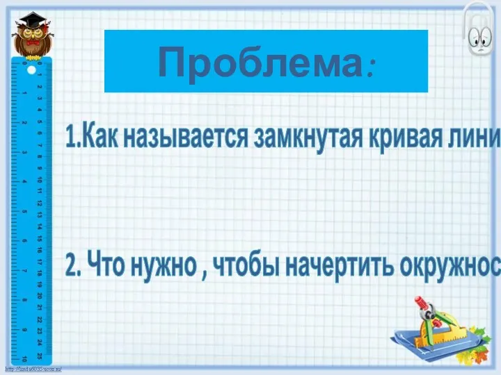 Проблема: 1.Как называется замкнутая кривая линия? 2. Что нужно , чтобы начертить окружность?