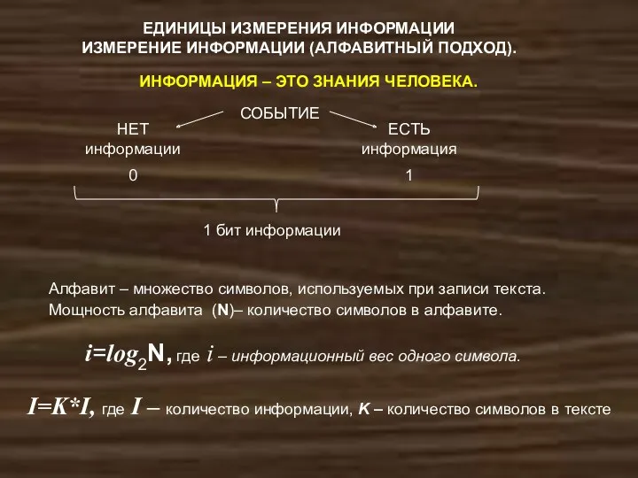 ЕДИНИЦЫ ИЗМЕРЕНИЯ ИНФОРМАЦИИ ИЗМЕРЕНИЕ ИНФОРМАЦИИ (АЛФАВИТНЫЙ ПОДХОД). ИНФОРМАЦИЯ – ЭТО