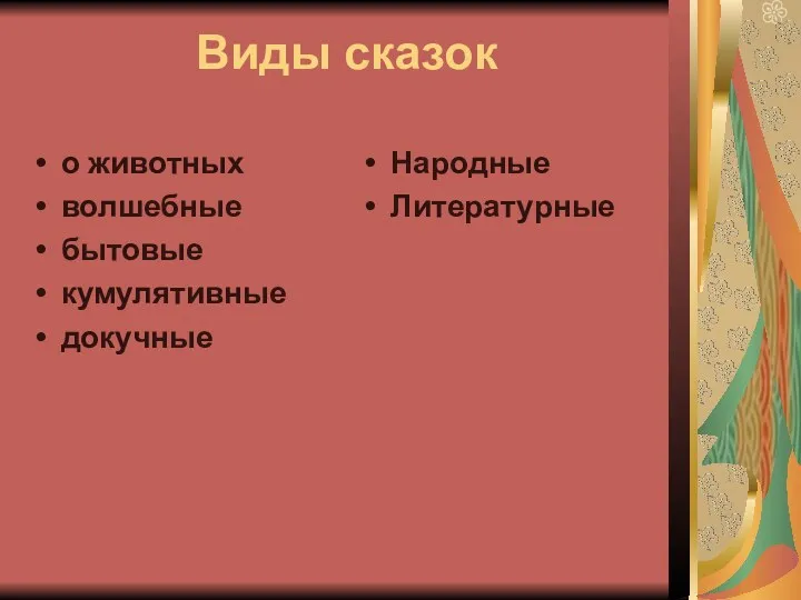 Виды сказок о животных волшебные бытовые кумулятивные докучные Народные Литературные