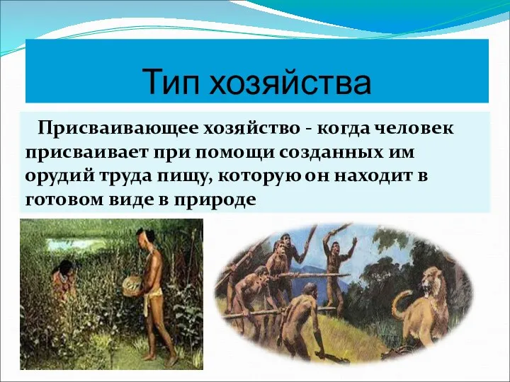 Тип хозяйства Присваивающее хозяйство - когда человек присваивает при помощи