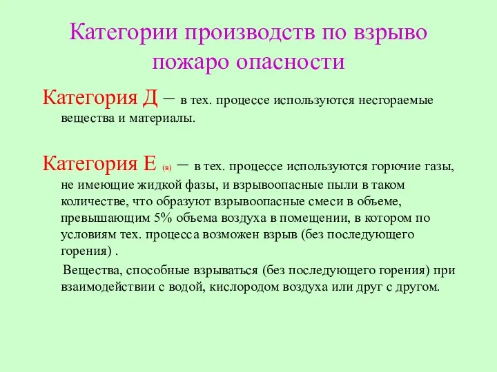 Категории производств по взрыво пожаро опасности Категория Д – в