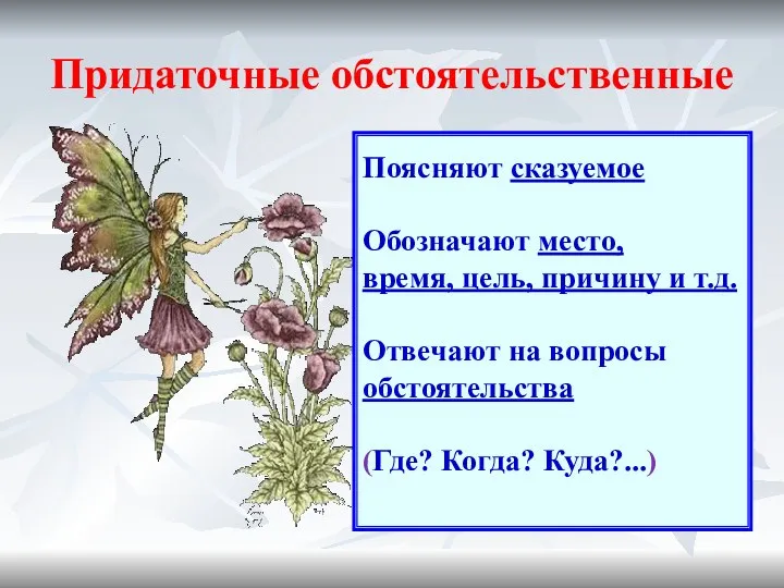 Придаточные обстоятельственные Поясняют сказуемое Обозначают место, время, цель, причину и