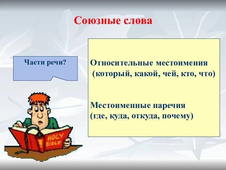 Союзные слова Относительные местоимения (который, какой, чей, кто, что) Местоименные