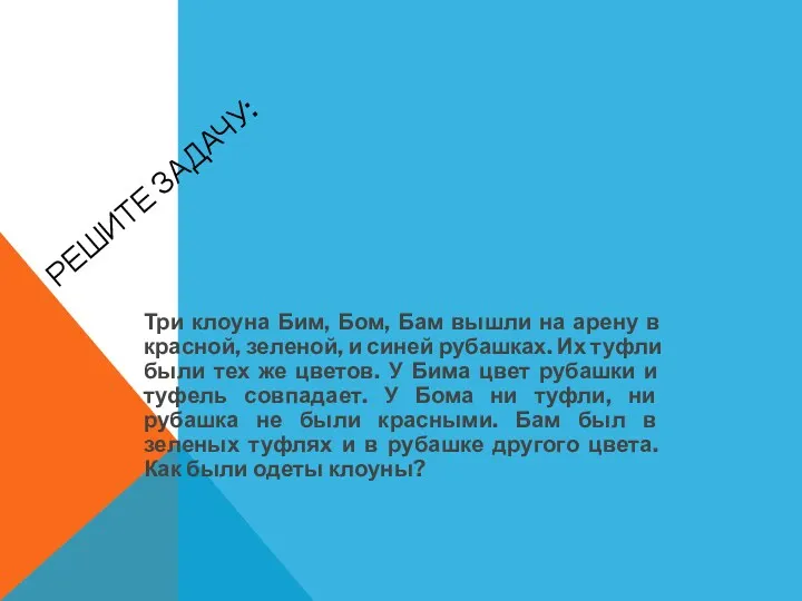 Решите задачу: Три клоуна Бим, Бом, Бам вышли на арену в красной, зеленой,