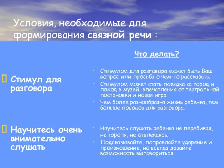 Условия, необходимые для формирования связной речи : Стимул для разговора