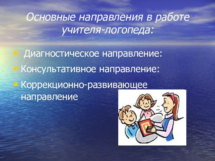 Основные направления в работе учителя-логопеда: Диагностическое направление: Консультативное направление: Коррекционно-развивающее направление