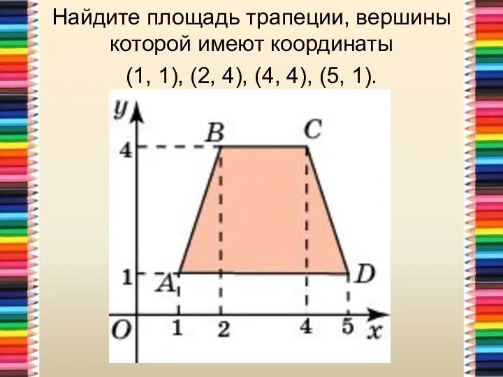 Найдите площадь трапеции, вершины которой имеют координаты (1, 1), (2, 4), (4, 4), (5, 1).
