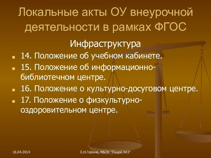 Инфраструктура 14. Положение об учебном кабинете. 15. Положение об информационно-библиотечном