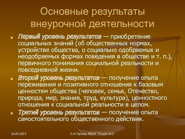 Основные результаты внеурочной деятельности Первый уровень результатов — приобретение социальных