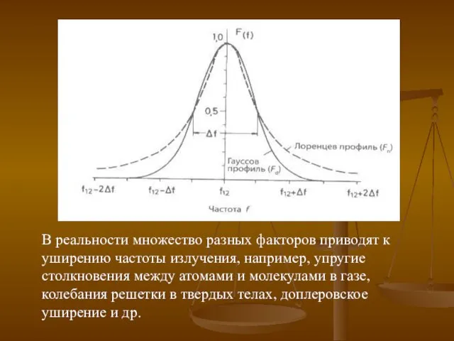 В реальности множество разных факторов приводят к уширению частоты излучения,