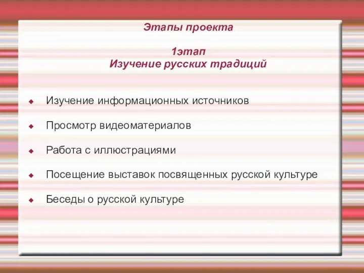 Этапы проекта 1этап Изучение русских традиций Изучение информационных источников Просмотр