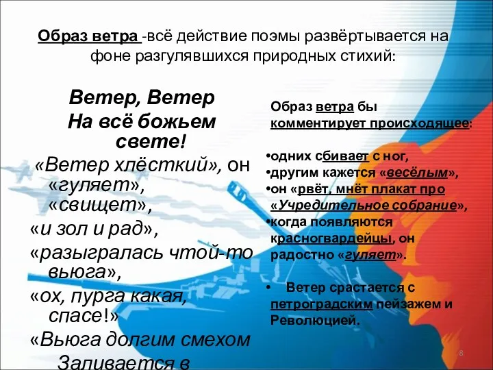 Образ ветра -всё действие поэмы развёртывается на фоне разгулявшихся природных