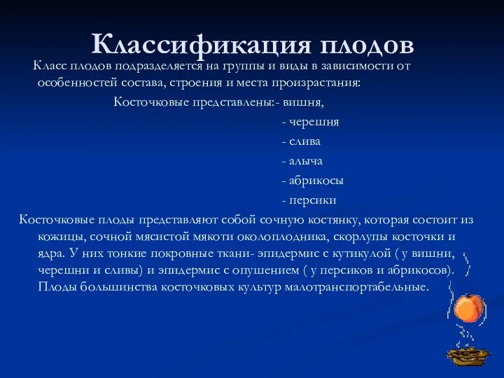 Классификация плодов Класс плодов подразделяется на группы и виды в