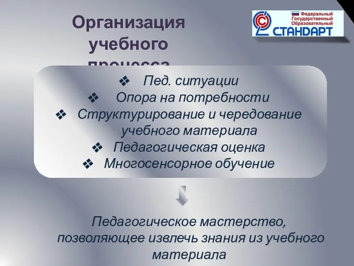 Организация учебного процесса Пед. ситуации Опора на потребности Структурирование и