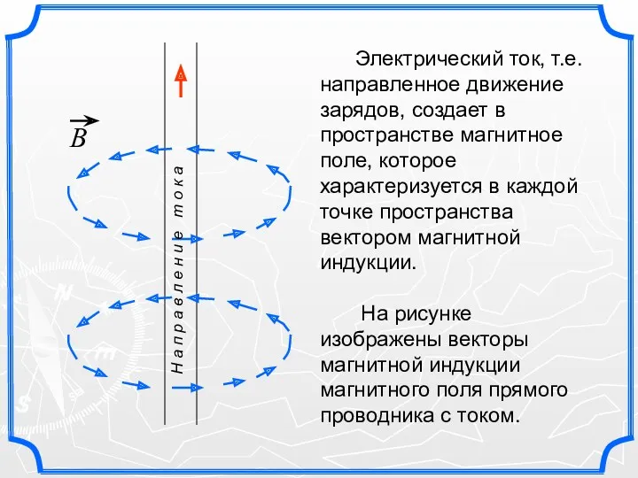 Электрический ток, т.е. направленное движение зарядов, создает в пространстве магнитное