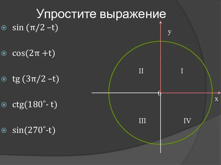 Упростите выражение sin (π/2 –t) cos(2π +t) tg (3π/2 –t) ctg(180˚- t) sin(270˚-t)