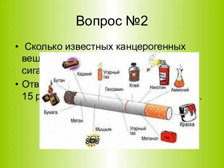Вопрос №2 Сколько известных канцерогенных веществ содержится в одной сигарете?4 ? 8 ?