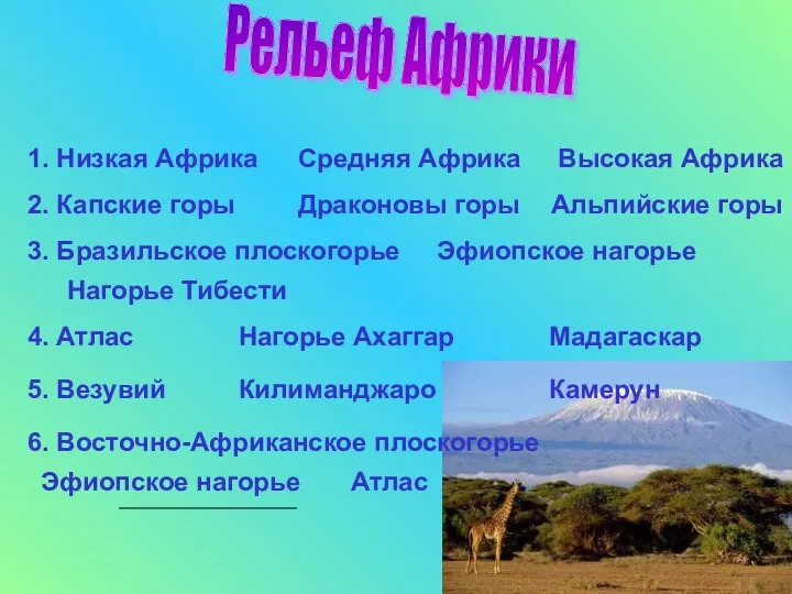 1. Низкая Африка Рельеф Африки Средняя Африка Высокая Африка 2.