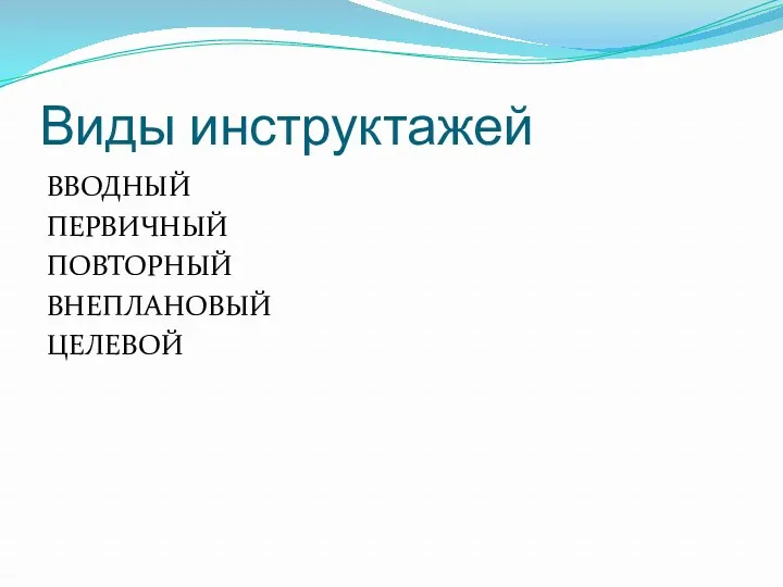 Виды инструктажей ВВОДНЫЙ ПЕРВИЧНЫЙ ПОВТОРНЫЙ ВНЕПЛАНОВЫЙ ЦЕЛЕВОЙ