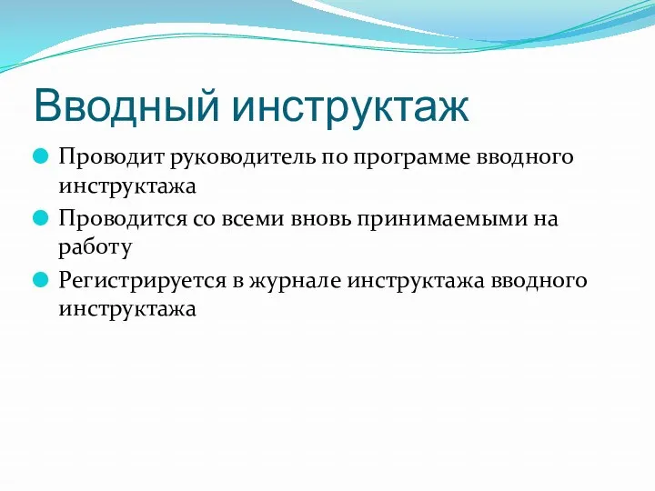 Вводный инструктаж Проводит руководитель по программе вводного инструктажа Проводится со