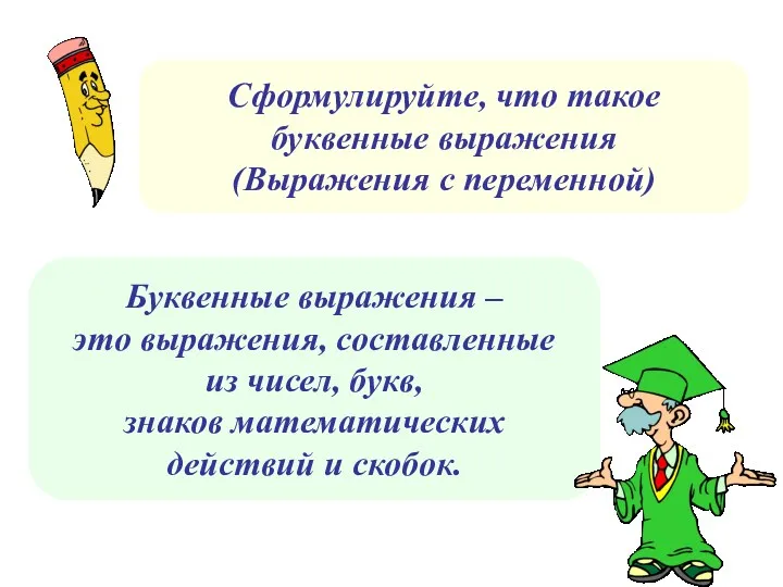 Буквенные выражения – это выражения, составленные из чисел, букв, знаков