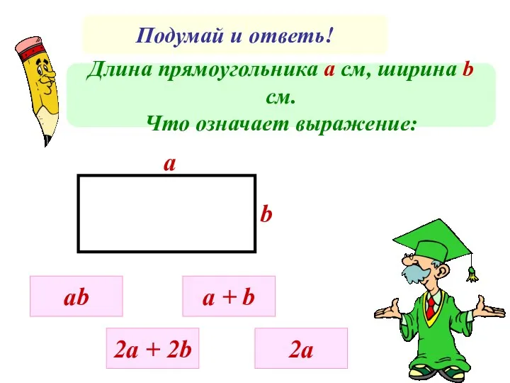 Подумай и ответь! Длина прямоугольника а см, ширина b cм. Что означает выражение: