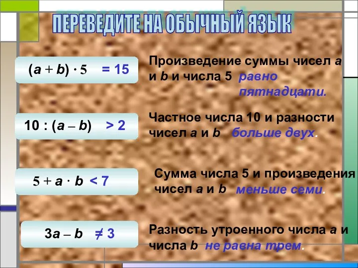 Произведение суммы чисел а и b и числа 5 равно пятнадцати. Частное числа