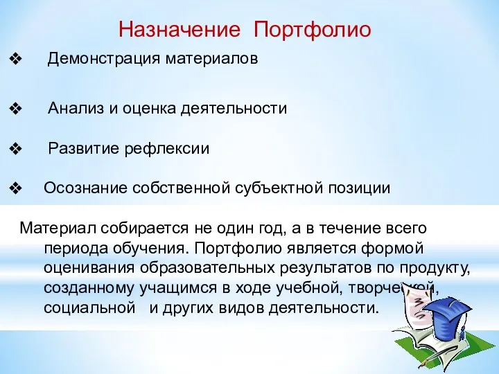 Назначение Портфолио Демонстрация материалов Анализ и оценка деятельности Развитие рефлексии