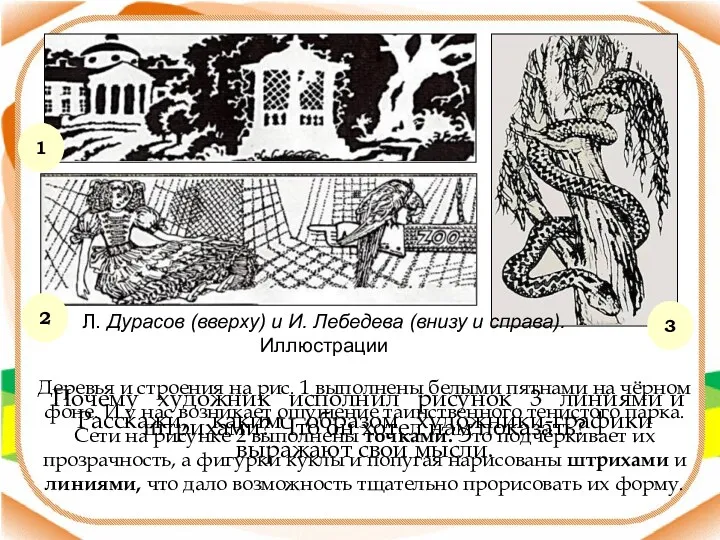 Л. Дурасов (вверху) и И. Лебедева (внизу и справа). Иллюстрации