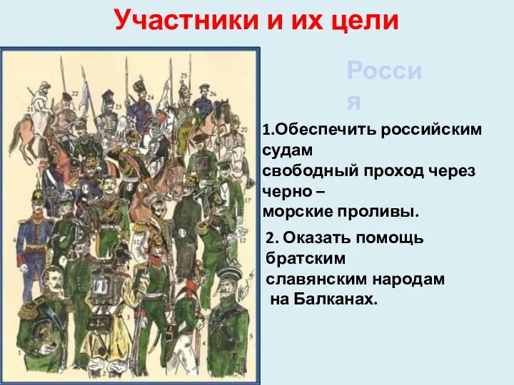 Участники и их цели Россия 1.Обеспечить российским судам свободный проход