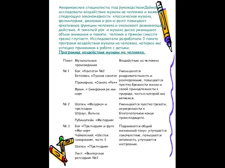 Американские специалисты под руководствомДаймонта исследовали воздействие музыки на человека и