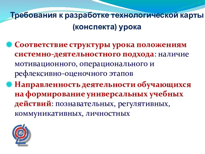 Требования к разработке технологической карты (конспекта) урока Соответствие структуры урока