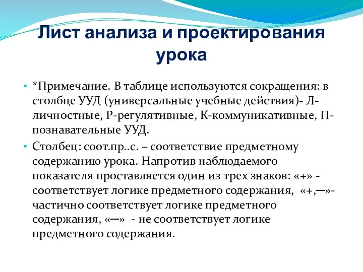 Лист анализа и проектирования урока *Примечание. В таблице используются сокращения: