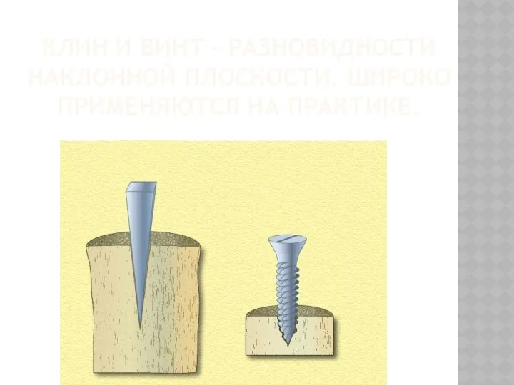 Клин и винт – разновидности наклонной плоскости. широко применяются на практике.