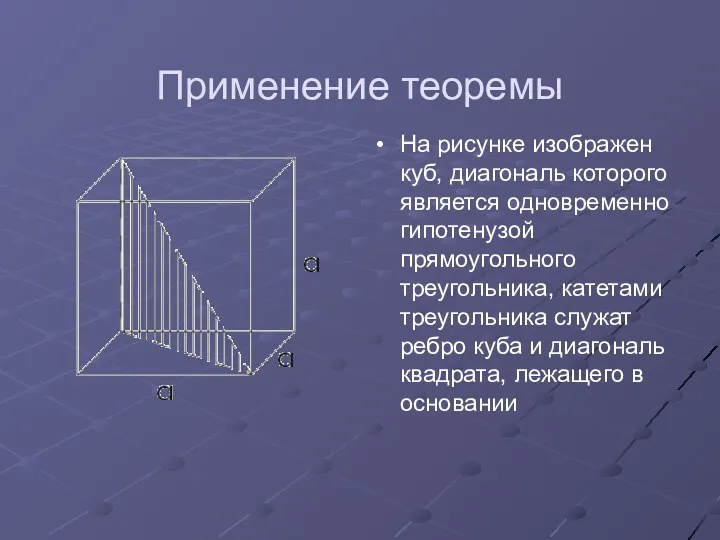 Применение теоремы На рисунке изображен куб, диагональ которого является одновременно