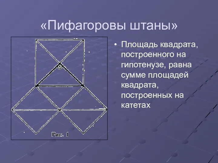 «Пифагоровы штаны» Площадь квадрата, построенного на гипотенузе, равна сумме площадей квадрата, построенных на катетах