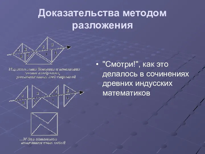 Доказательства методом разложения "Смотри!", как это делалось в сочинениях древних индусских математиков