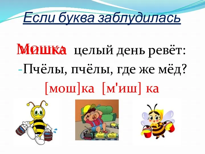 Если буква заблудилась целый день ревёт: Пчёлы, пчёлы, где же мёд? [мош]ка [мʹиш] ка МОШКА Мишка