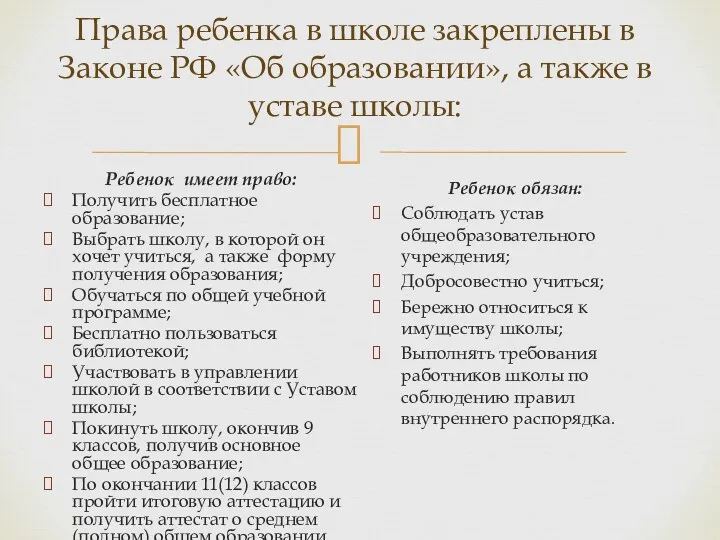 Права ребенка в школе закреплены в Законе РФ «Об образовании»,