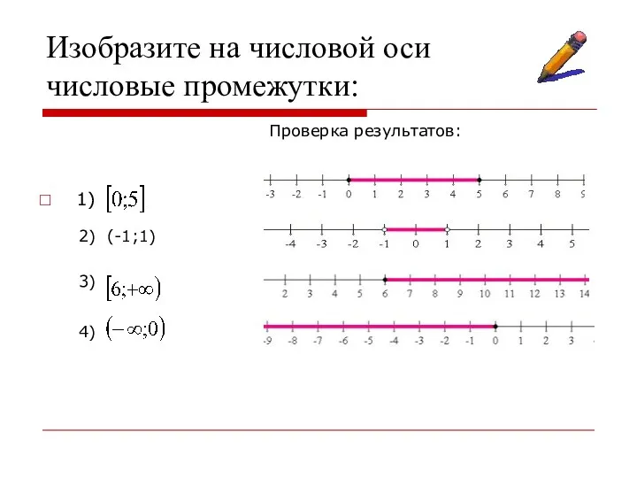 Изобразите на числовой оси числовые промежутки: 1) 2) (-1;1) 3) 4) Проверка результатов: